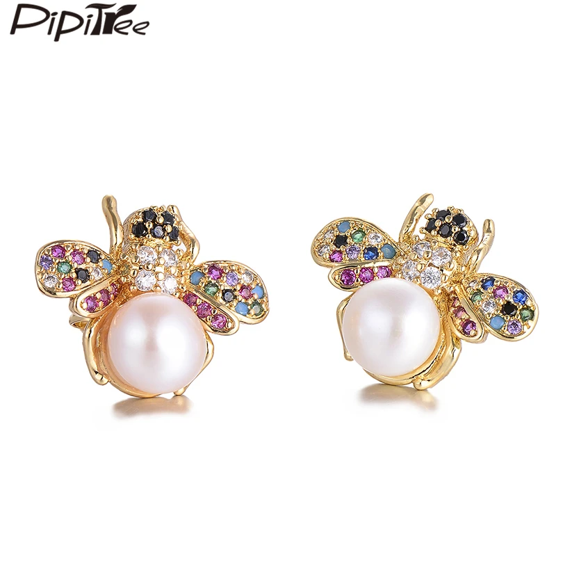 Pipitree, трендовые серьги-гвоздики Пчелка из нескольких фианитов, золотой цвет, жемчужные серьги в виде раковины пчелы для женщин, женские медные ювелирные изделия
