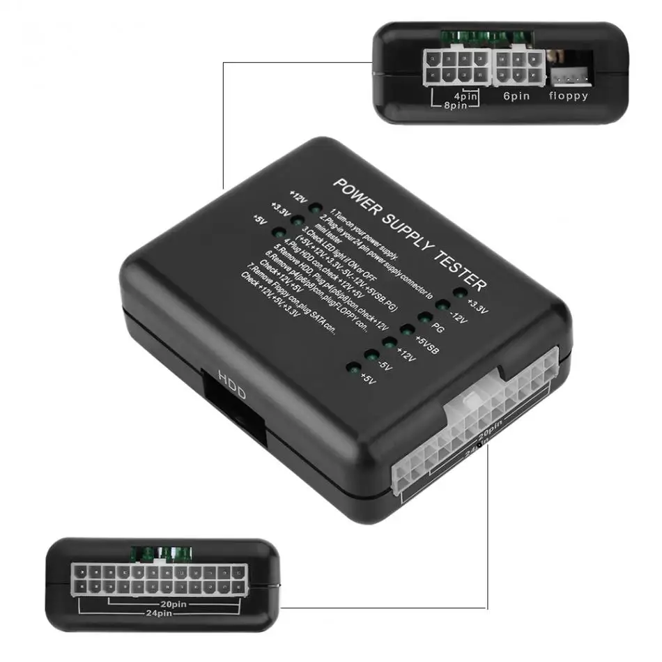 

Computer PC ATX SATA HDD Power Supply Tester LED Indication 20 24pin PSU Diagnostic Tool testing ATX connector