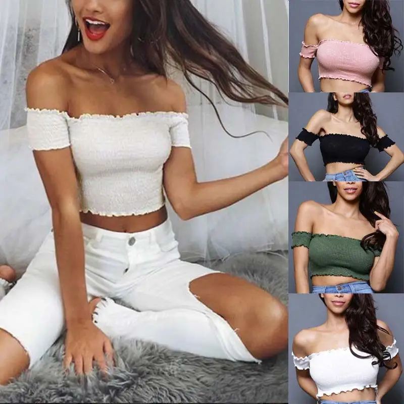 

HOT Women's T-shirt Tee Top Vest Boat Neck Chiffon Off Shoulder Short Sleeve Slim Fashion 19ING