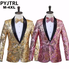 PYJTRL Мужской Розовый Золотой цветок блестки Необычные Блестки Свадебный певец сценический костюм куртка годовой DJ блейзер с галстуком-бабочкой