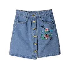 2017 summer denim skirt womens and female skirt casual solid color flowers embroidered skirt