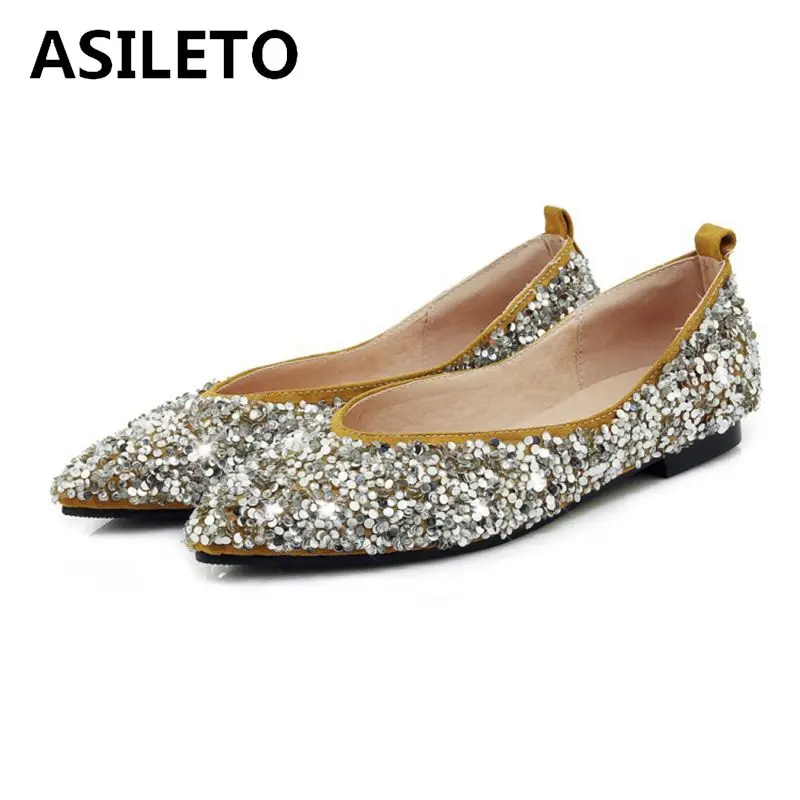 

ASILETO Women Bling Flats Sequins Crystal Studded Slip On Lazy Loafers moccasins pointed Toe Rhinestone Causal Shoes espadrilles
