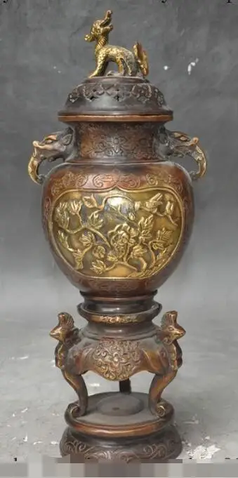 

S03258 China Bronze gilt phoenix bird flower dragon beast statue incense burner Censer B0403