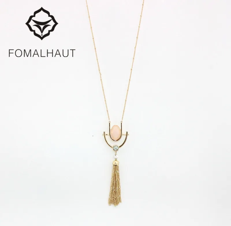 

FOMALHAUT Peas chain tassel pink stone Pendant Long Statement Necklace Women 2016 Fashion BX-051
