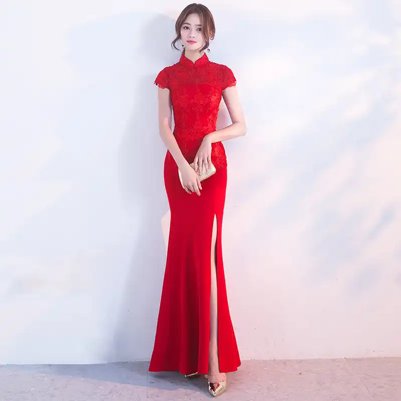 Vestido De Novia De Encaje Chino Sexy Tradicional Cheongsam Rojo De Talla Grande Vestido Largo Qipao Oriental Vestidos Tunica Longue Chinoise Encaje Rojo Cheongsam Rojo Cheongsamvestido Oriental Aliexpress