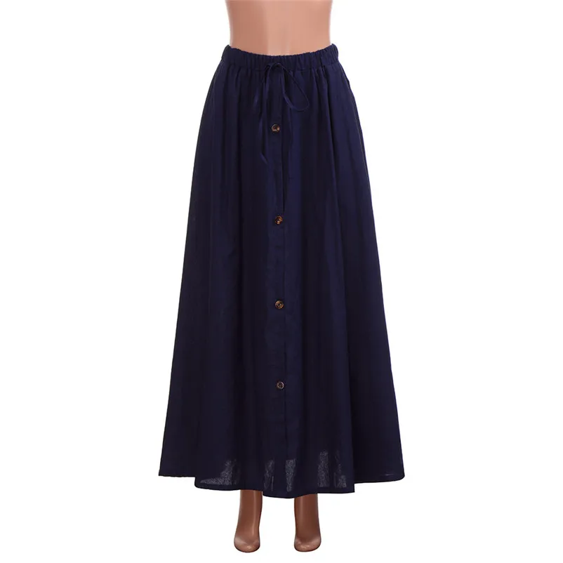 HOT sell Fashion 2018 Summer Skirt Women A-Line Elastic Waist Casual Button Flare Full Length Long Maxi Skirt Femme Saia A06#N (6)