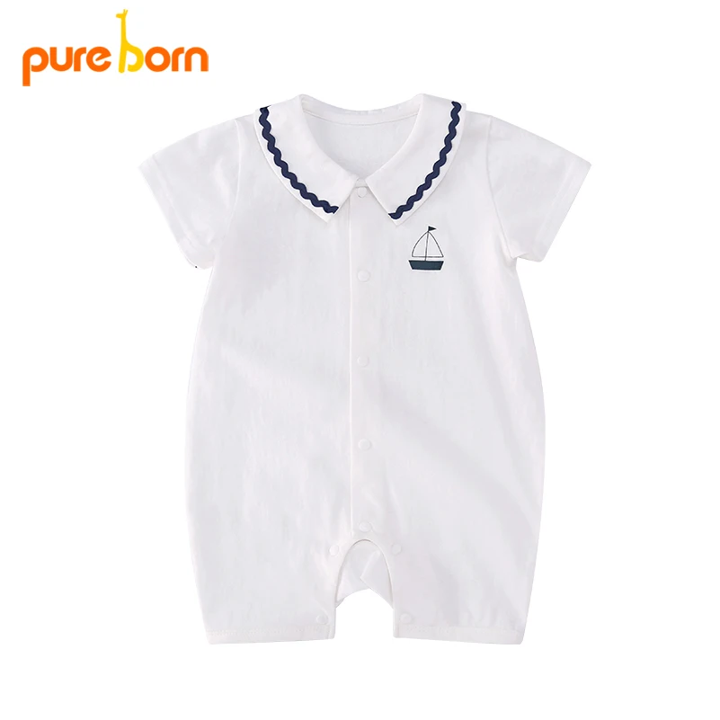 

Pureborn baby rompers cotton cute sailor cartoon boat lovely solid boy girls Newborn short sleeve costume bebes infant clothes