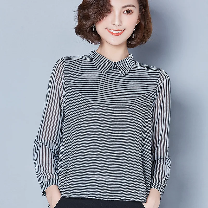 

2018 New Long-sleeved Doll Collar Striped Large Size Chiffon Shirt Women's Clothing Blusas Mujer De Moda Women Blouses
