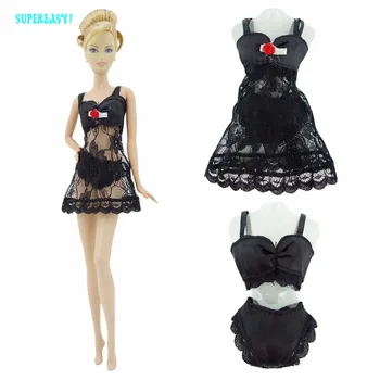 

Free shipping Black Sexy Pajamas Lingerie Nightwear Lace Night Dress + Bra + Underwear Clothes For Barbie Doll Skirt Clothes