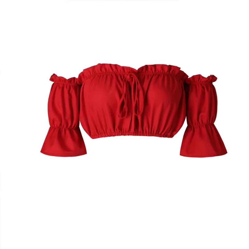 Укороченные топы женские летние с рукавом фонариком сексуальные без бретелек пляжные топы размера плюс красный черный белый короткий топ с рюшами Топ croptop - Цвет: Красный