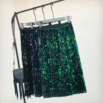 

Bling Sequins A Line Skirt Elastic Waist 2018 Women knee length High Waist Skirt Feminino Sparkling Party Skirts Korean Style
