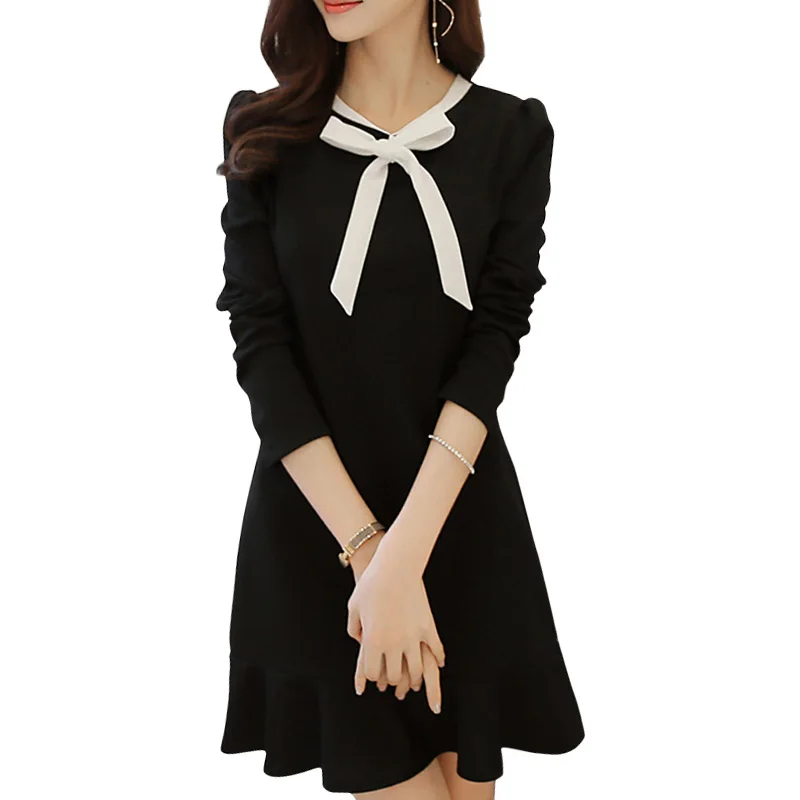 

Slim Women Bow Tie Long Sleeve Dress Casual One-piece Frock Flouncing Dress Working Dress NGD88