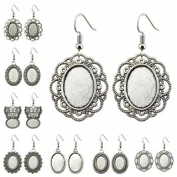 

5 Pairs Fit 13x18mm Oval Shape Glass Cabochon Silver Color Zinc Alloy Dangle Earrings Hooks Cabochon Base Setting