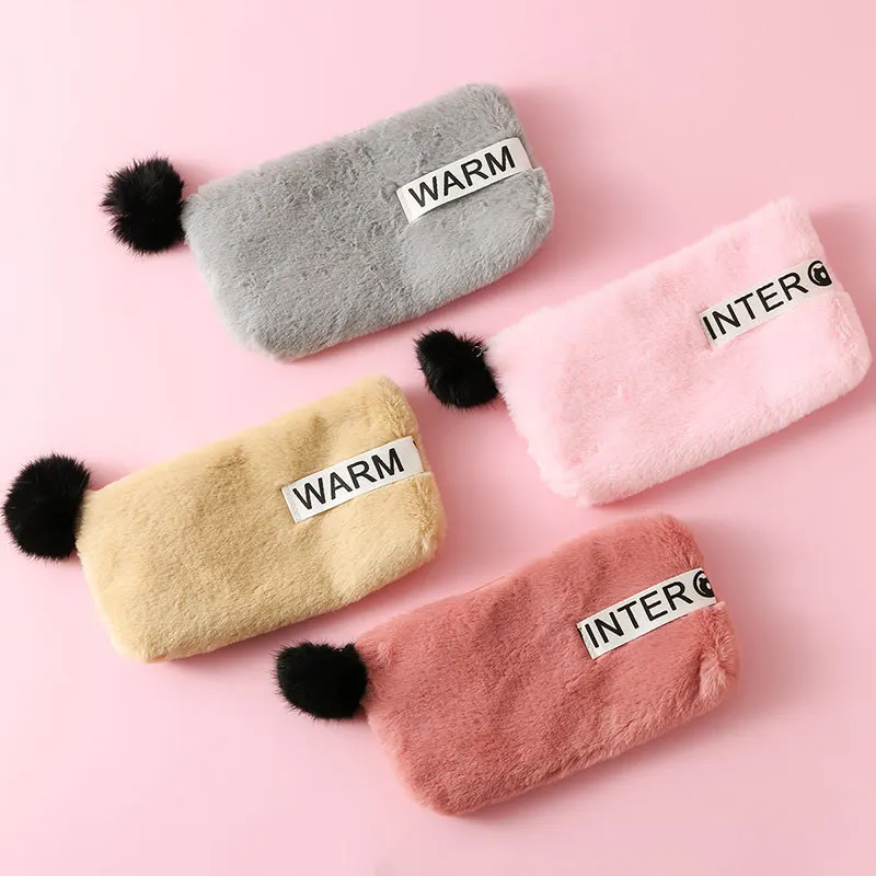 Plush Pencil Case For School Girls Pen Bag Stationery Office Cute Solid Color 