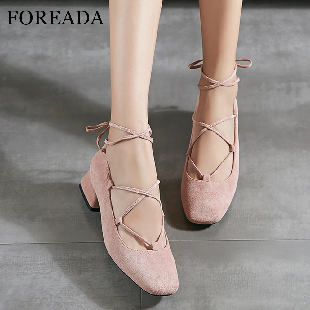

FOREADA High Heels Shoes Women Chunky Heels Ankle Strap Shoes Kid Suede Cross tied Square Toe Pumps Ladies Spring Big Size 33-43