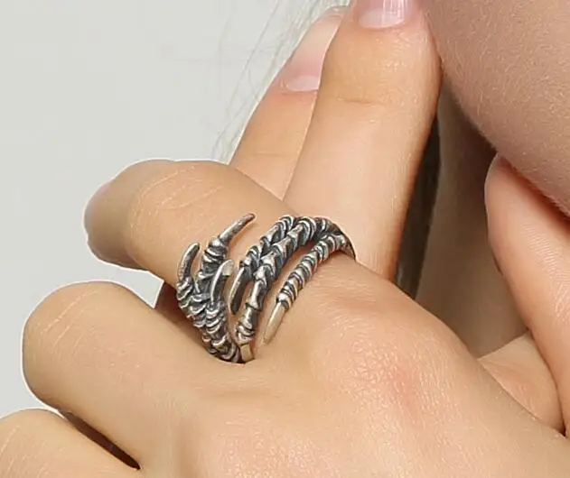 Готический панк стиль Настоящее 925 пробы серебряные ювелирные изделия Орлиный коготь Винтажное кольцо открытие Регулируемые кольца ювелирные изделия