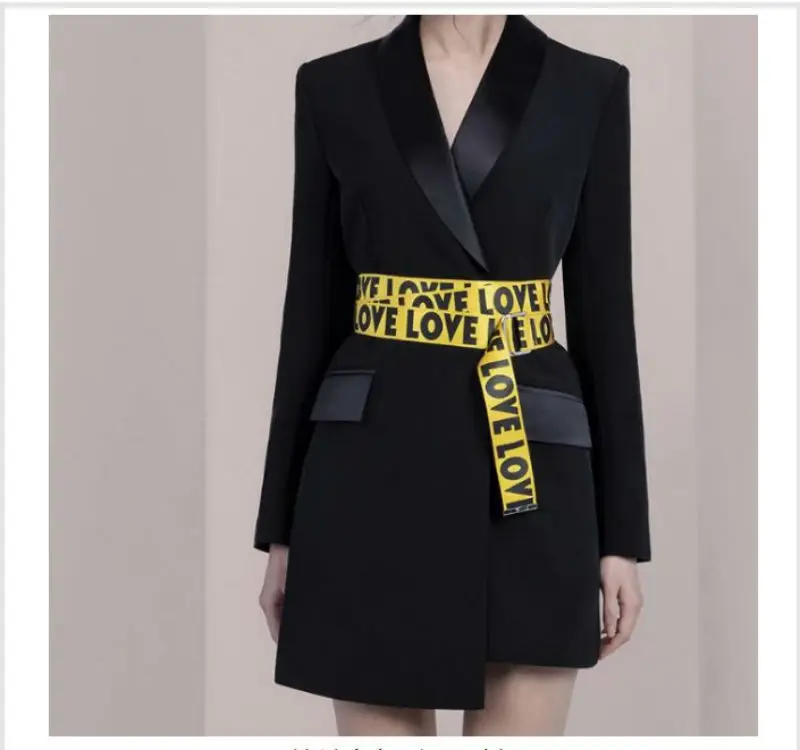 

New 2019 fashion women suits black notched single button belt sexy casual women's suits ladies autumn dresses TM855