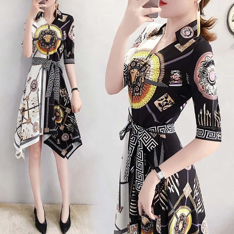 Китайский стиль, летнее тонкое шифоновое платье с завышенной талией и принтом, ретро элегантное офисное женское платье с асимметричной баской, платье с коротким рукавом