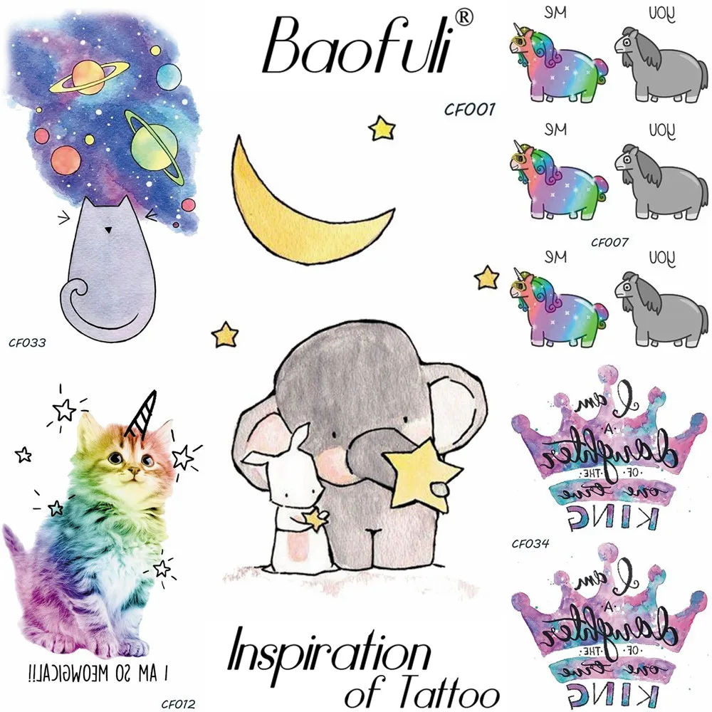 

BAOFULI Cartoon Children Temporary Tattoo Birthday Xmas Gifts Body Art Arm Tatoos Elephant Moon Star Watercolor Tattoo Stickers