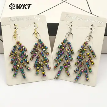 

WT-E551 Natural Rainbow Cry-stal Beads Earrings Coconut Tree Shape Earrings Gold or Slived Color Hook Earrings for Woman