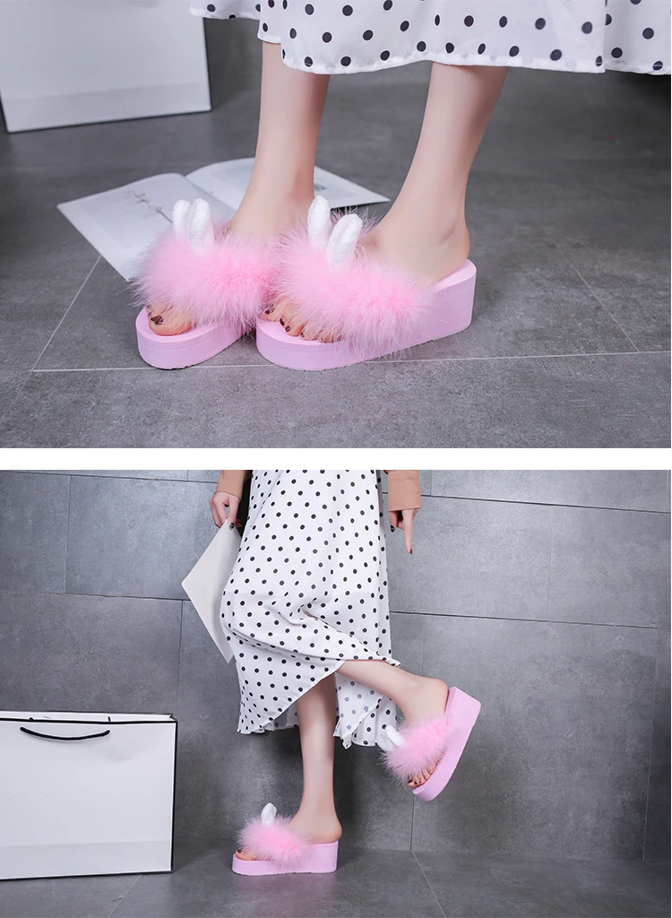 large size outside wedges rabbit ear slippers women summer sweet fur flip flops solid creepers platform ladies slides chaussures