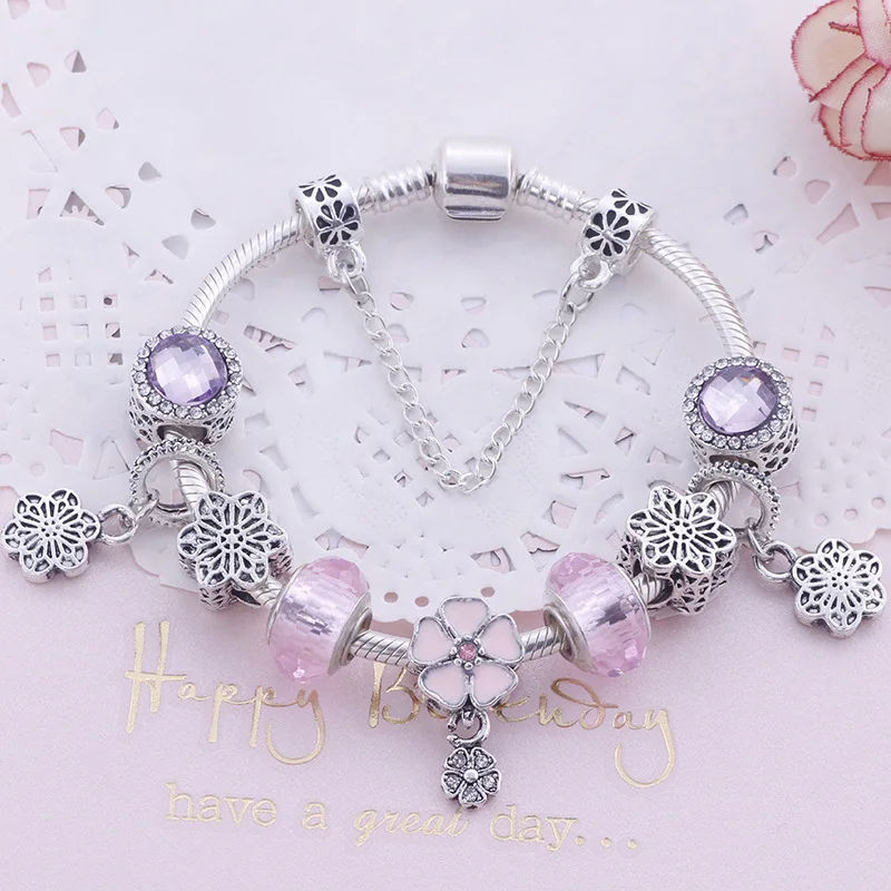 

2019 Trendy DIY Romantic Bracelets Charms Crystal Rhinestone Beads Fits European Bracelets Pink Color Bracelet High Quality NEW