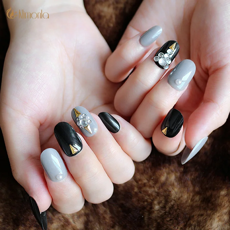 24 шт Черный Серый кристалл накладные ногти DIY 3D ногтей УФ гель накладные ногти Полный Поддельные Типсы для маникюра наклейки для ногтей