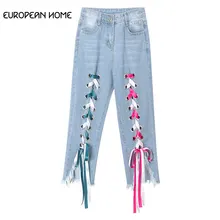 Цветы осенние зимние джинсы женские одежда плюс Размеры Штаны с высокой посадкой новая корейская мода Повседневное свободные джинсовые женские джинсы прямого кроя