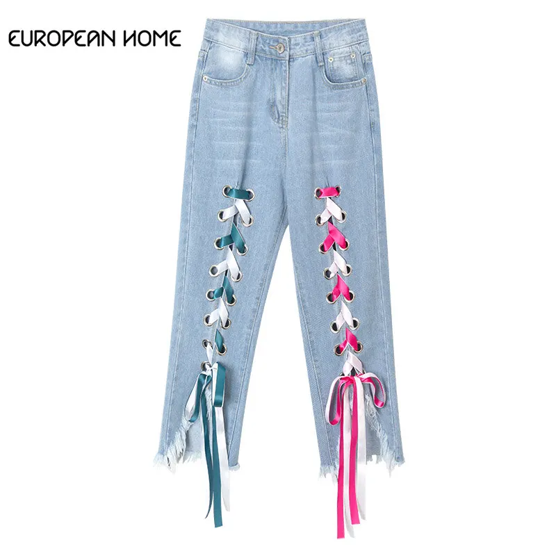 

FLOWERS Autumn Winter Jeans Woman Clothes Plus Size High Waist Pants New Korean Fashion Casual Loose Denim Straight Women Jeans