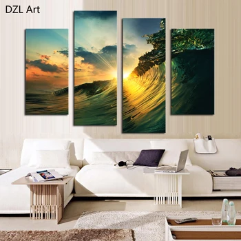 

4 Panel(No Frame) Waves and sunsets Picture Wall Decor Print on Canvas Oil Painting Canvas Painting for Christmas Gift