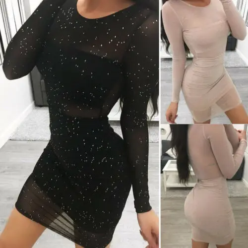 

Hirigin Women Sexy Bodycon Long Sleeve O Neck Short Mini Mesh Skinny Slim Party Summer Dress