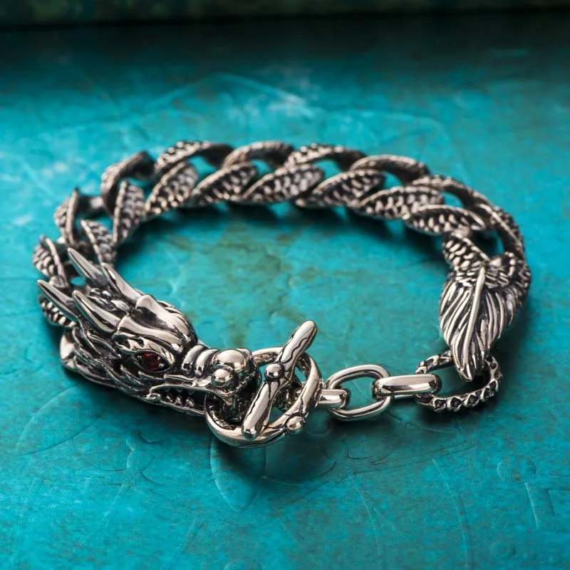 Powerful JEWELRY Wrist Chunky Men's Bracelets Silver dragon head Hand