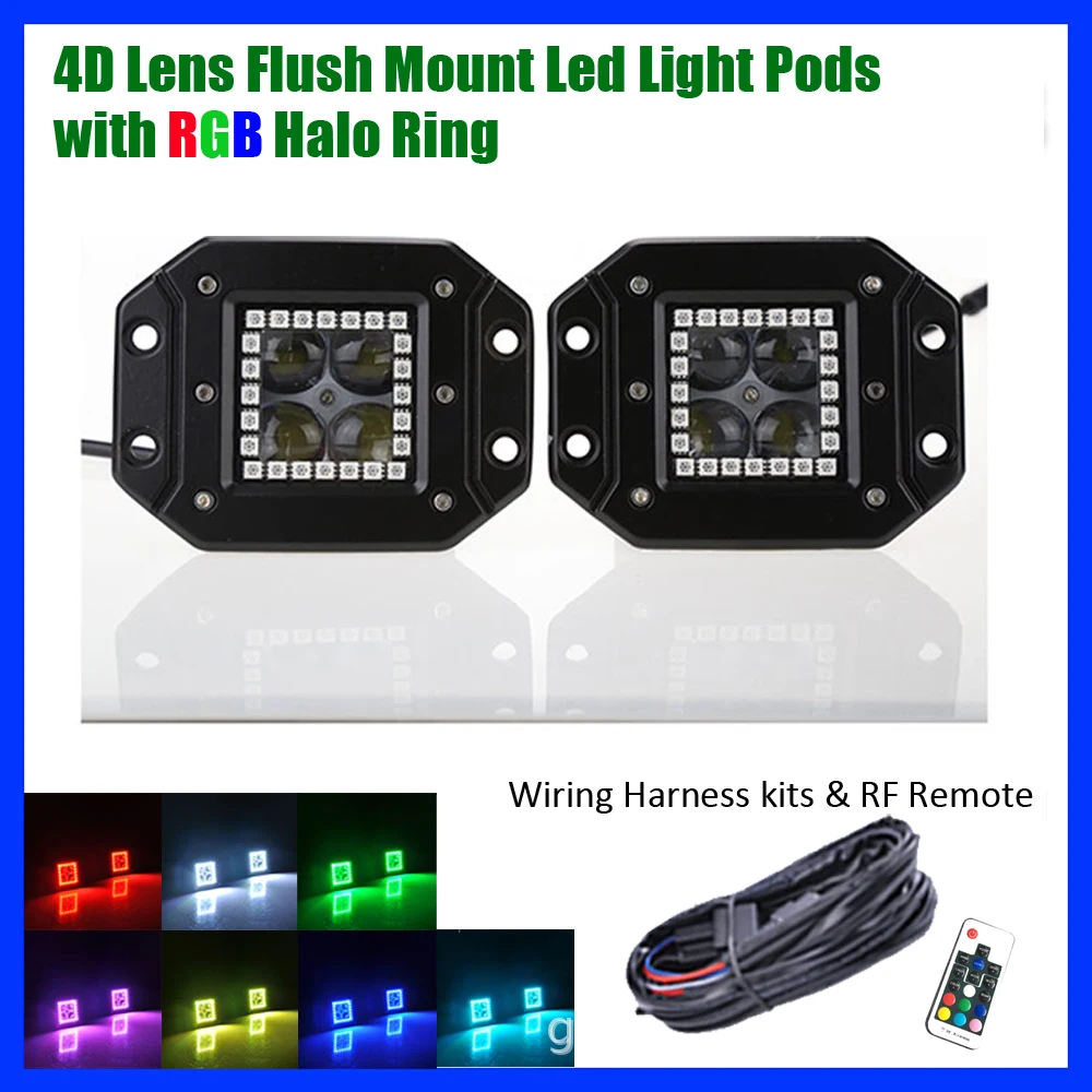 

60W 5 inch 4D Flush Mount LED Work Light Spot Reverse Lamp with RGB Chasing Halo 2PCS/set & Wiring harness kit For ATV SUV Truck