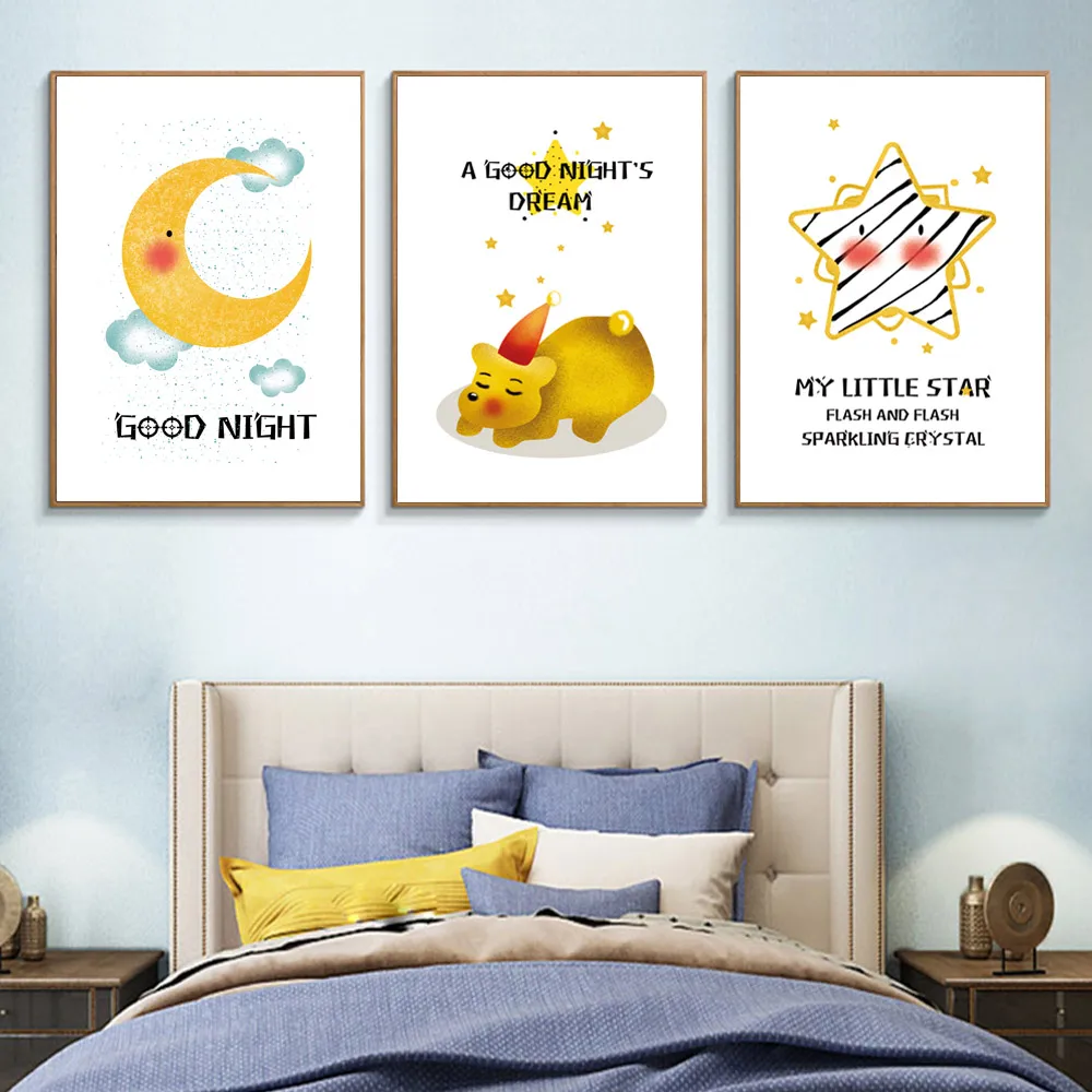 Cartoon Canvas Painting Yellow Poster Poster Kids Room Moon Painting Nordic Nursery Wall Art Canvas Moon Pictures Unframed