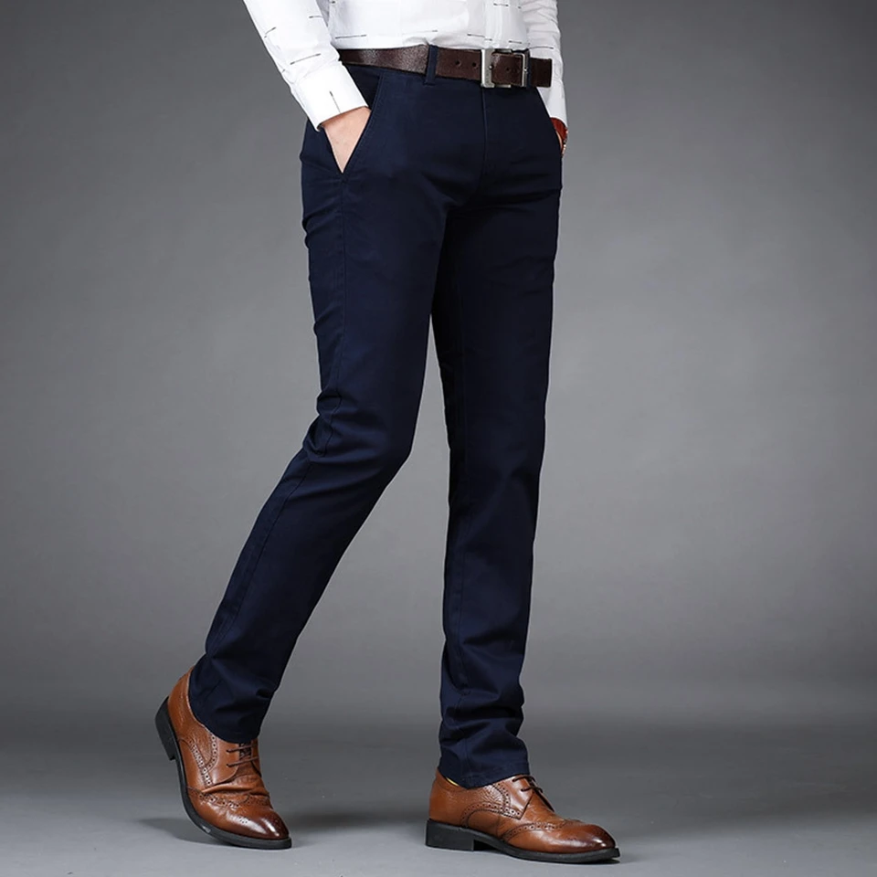 Мужские брюки Чино, 98% хлопок, 2% спандекс, с карманами, формальные, деловые, модные мужские, одежда, синий, черный, хаки, мужские повседневные брюки