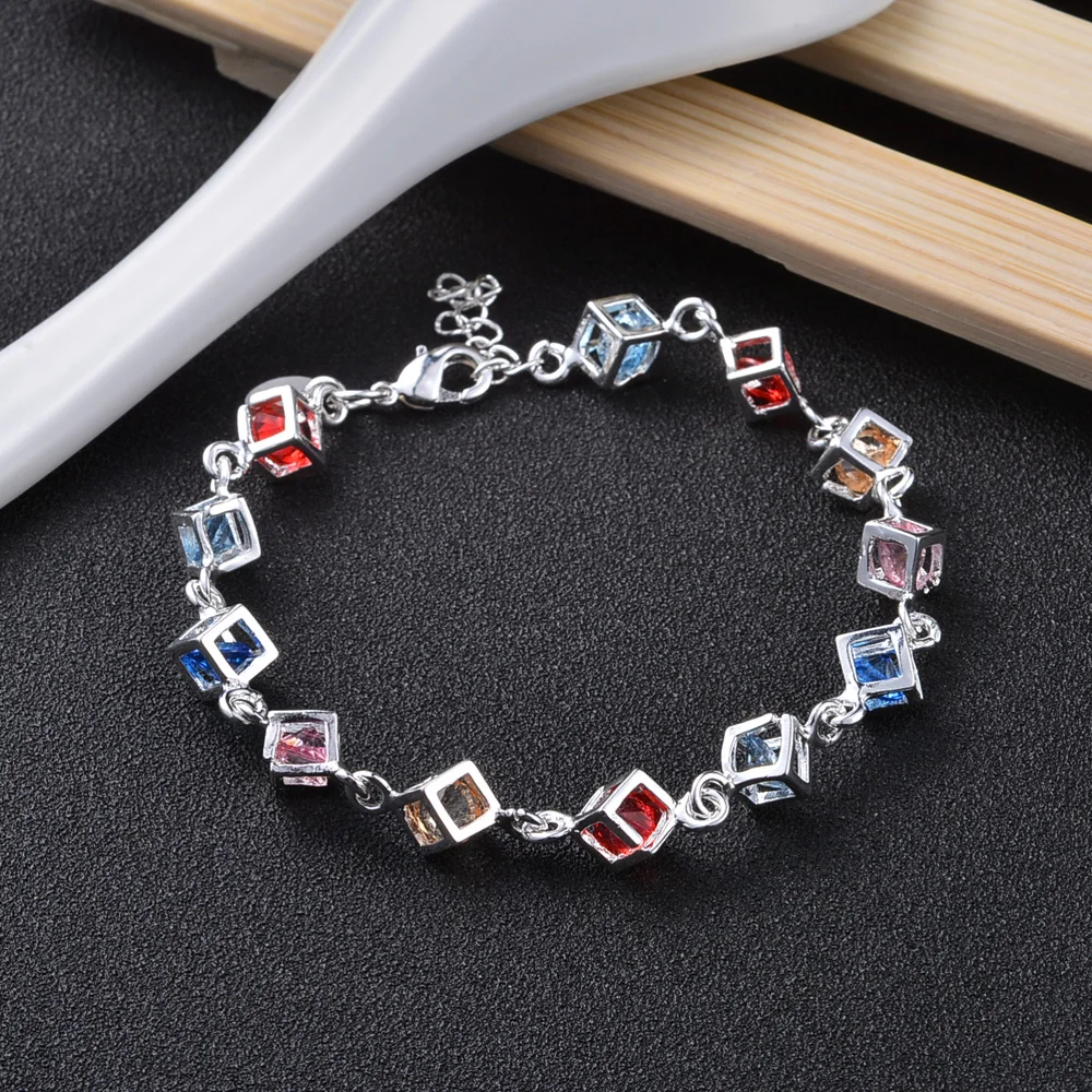 Multi colors CZ Jewelry 925 Silver Chain Links Bracelet Wholesale Charm
