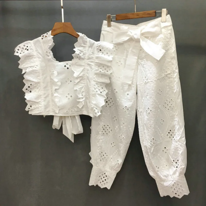 

DEAT 2019 Summer Short Petal Sleeve Lace-up Hollow Out Top Long Pants White Two Piece Set Women Outfits MG107