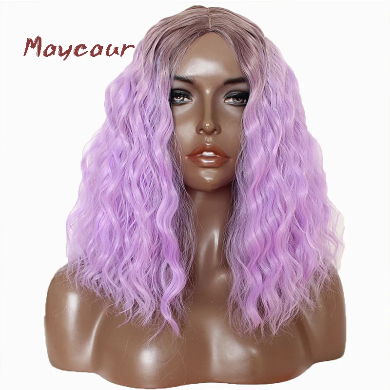 

Maycaur Short Curly Synthetic Hair Wigs Heat Resistant Ombre Purple Color Loose Curl No Lace Wigs Silk Top Hair for Women