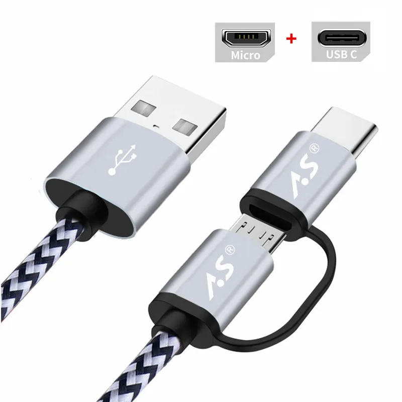 Кабель USB A.S QC 3,0 Micro usb type C кабель для быстрой зарядки 2в1 кабель type-C для samsung S9 S8 huawei P10 Meizu Pro 7 1 м 2 м 3 м - Тип штекера: 2 IN 1 Silver