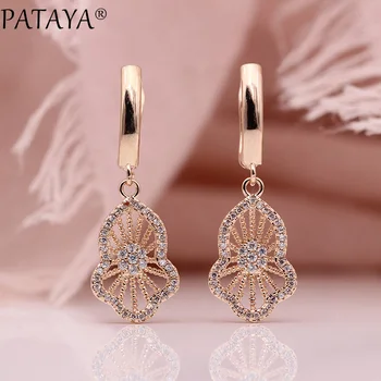 

PATAYA New Hollow Peanut Long Earrings Women Wedding Fashion Jewelry 585 Rose Gold White Round Natural Zirconia Dangle Earrings
