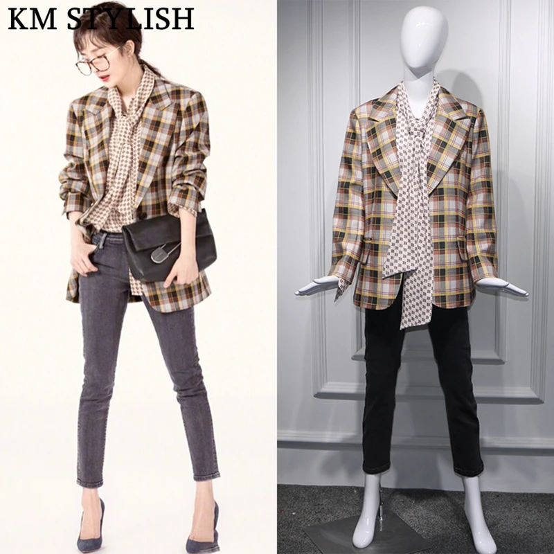 2018 Autumn Retro Contrast Color Plaid Blazers + Bow Collar Chiffon Shirt + Grey Black Jeans 3 Piece Set Women's Sets