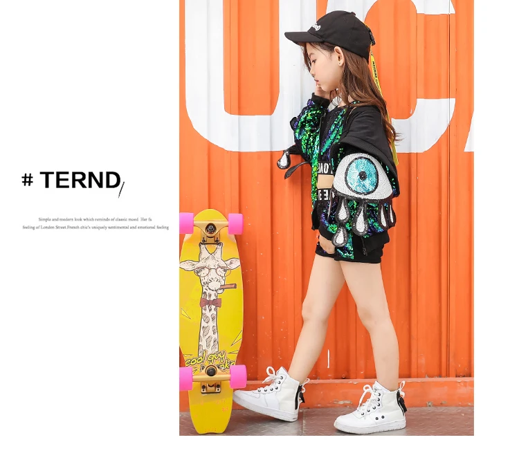 Kid Sequin Hip Hop Hoodies Jacket Clothing for Girls Crop Tank Top Shirt Shorts Jazz Dance Costume Ballroom Dancing Clothes Wear (10)