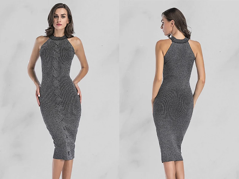 BONGOR LUSS 2018 Sexy Solid Color Lace Up Halter Knit Bodycon Dress Women Autumn Sheath Slim Pencil Dresses Office Lady Dress (22)