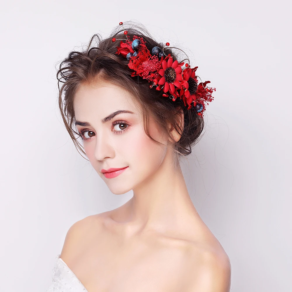 Red Fabric Flower Headband Hair Accessories Handmade Bridal Bridesmaids