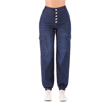 

Plus Size High Waisted Boyfriend Jeans For Women Loose Elastic Waist Cargo Jeans Casual Button Fly Leg Side Pocket Runway Jeans