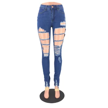 

Women High Waist Pencil Jeans Ripped Hole Skinny Long Denim Pants Ladies Summer Straight Full Length Jeans AA11545