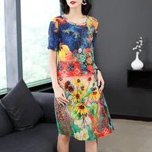 Azterumi летнее новое женское шелковое платье в национальном стиле с цветочным принтом, элегантные платья до колен с круглым вырезом и коротким рукавом