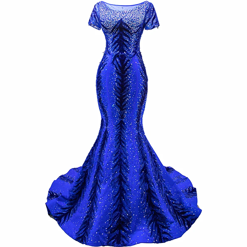 2 Piece Royal Blue Dubai Saudi Arabia Luxury Sequined Sparkle Mermaid Evening Dresses Short Sleeve Beading Evening Gowns Kaftan