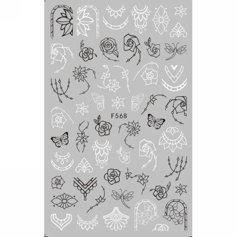 

SUPER THIN SELF ADHESIVE 3D NAIL ART NAIL SLIDER STICKER BLACK WHITE TROPICAL PLANT VINTAGE FLORID PATTERN TRIANGLE F554-563