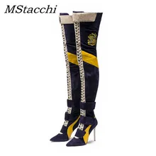 MStacchi/Новое поступление, синие лоскутные Сапоги до бедра, женские сапоги с острым носком на высоком каблуке, на шнуровке, Botas Largas, пикантные ботфорты